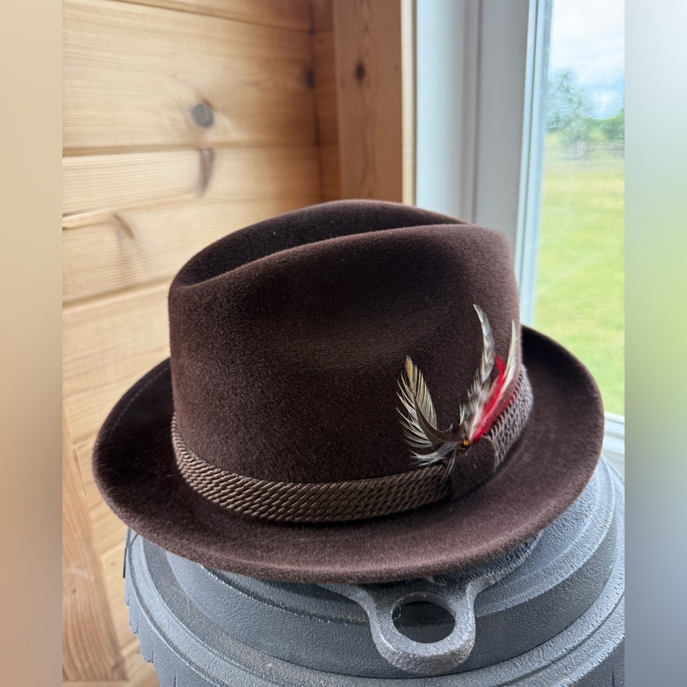Fléchet VINTAGE Brown Velour Feathered Fedora Hat